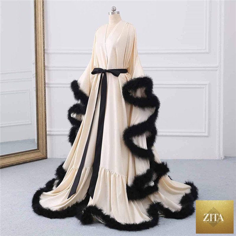 Luxrobe by SelenaHuanStudio featuring silky satin fabric, feather fringe hem, Victorian style long robe, ideal for elegant occasions.