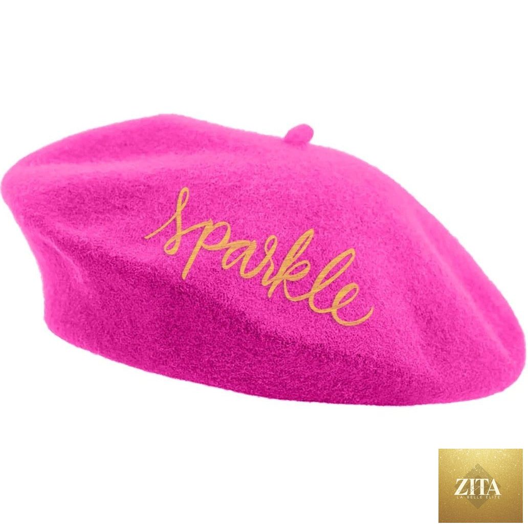 Pink sparkle embroidered beret hat by The Bullish Store with glittering decorative embroidery and a stylish, round shape.