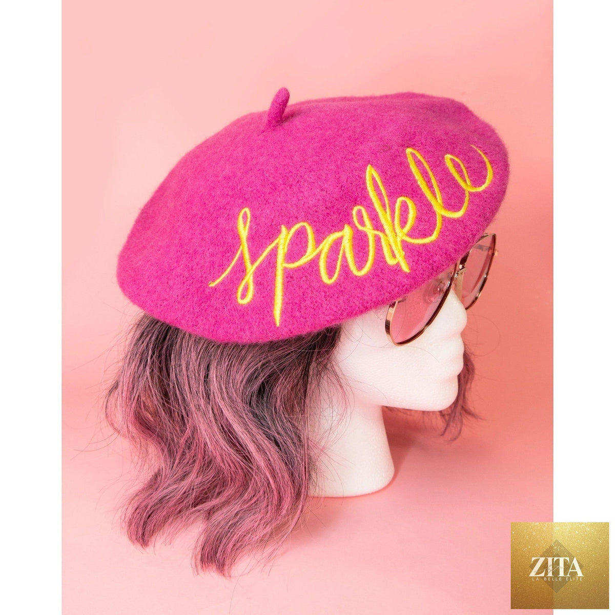 Pink Sparkle Embroidered Beret hat with shimmering embellishments, stylish and chic headwear from The Bullish Store.