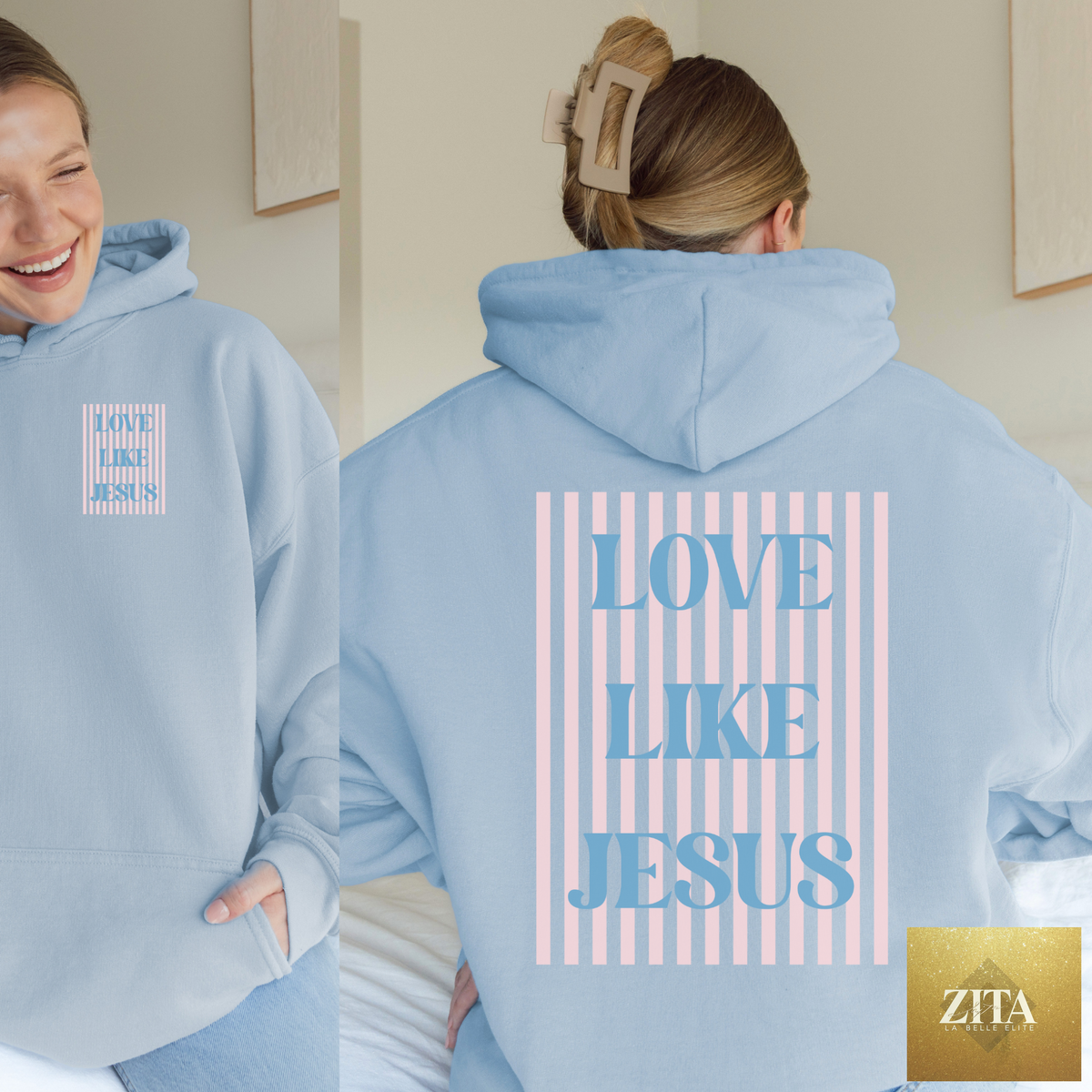 Love Like Jesus striped graphic hoodie by Hey Jude Graphic Tees, featuring a bold spiritual design on soft fabric.