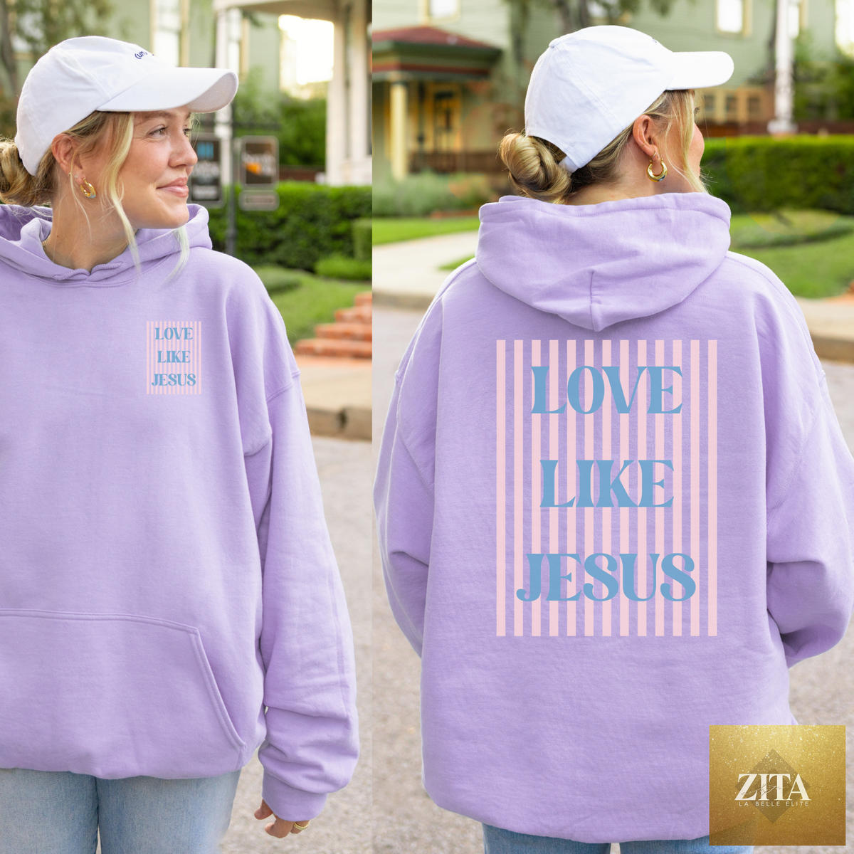 Love Like Jesus striped graphic hoodie from Hey Jude Graphic Tees, featuring a spiritual and inspiring design on a comfortable hoodie.