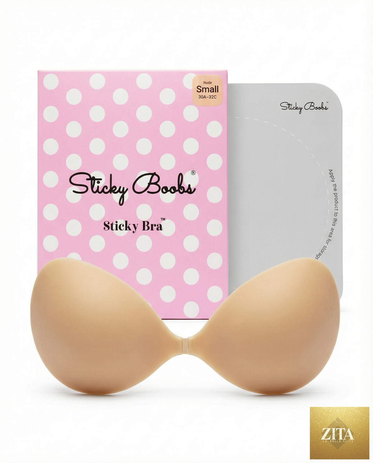 Sticky Boobs sticky bra shown on white background, with cups touching the ground and packaging box fully visible in front view.