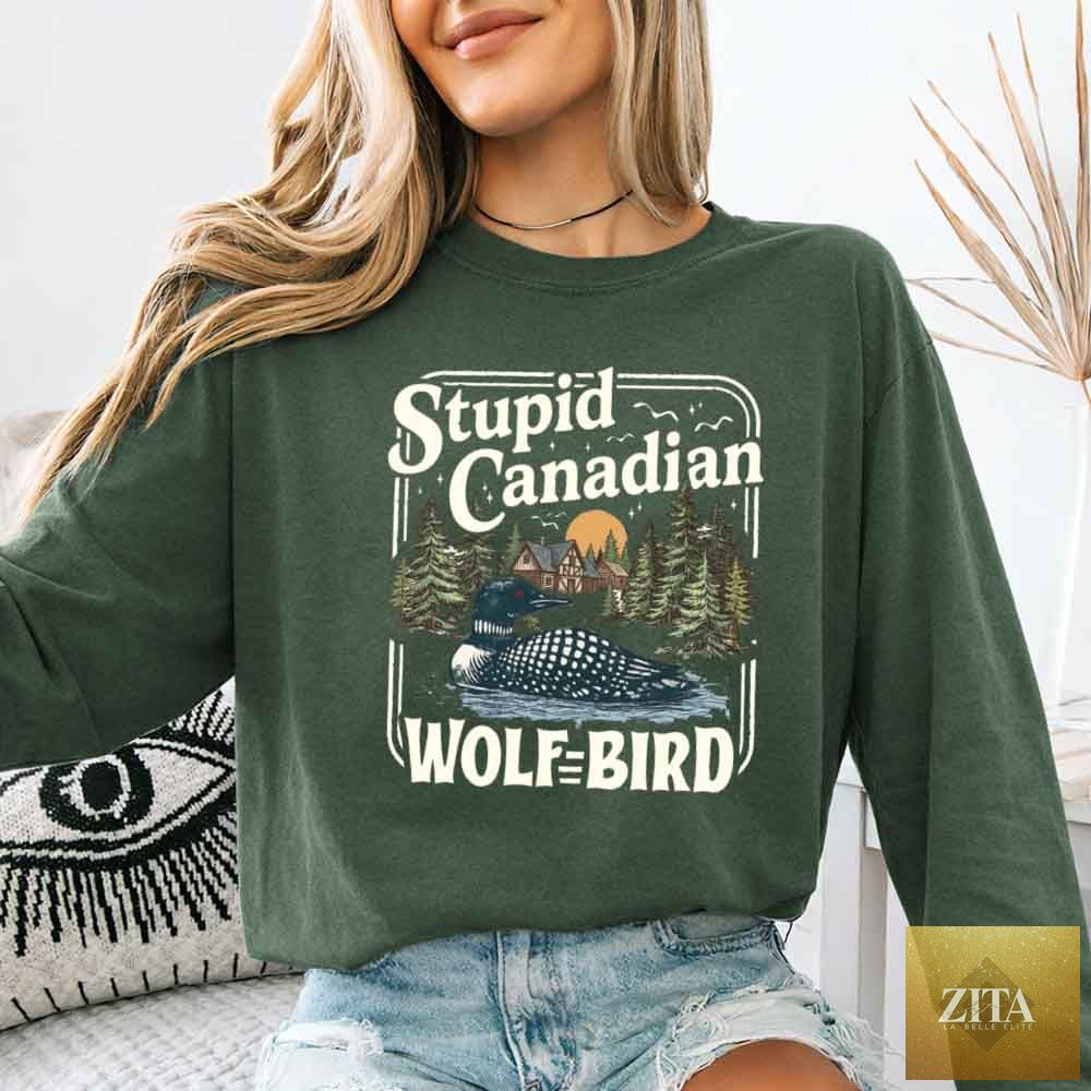 Comfort Colors long sleeve shirt featuring a Stupid Canadian Wolf Bird design, perfect for Hockey Romance BookTok fans.