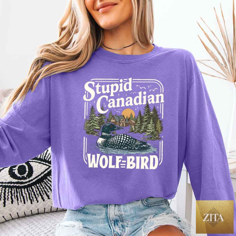 Violet Comfort Colors long sleeve shirt featuring a Stupid Canadian Wolf Bird design, perfect for hockey romance BookTok fans.