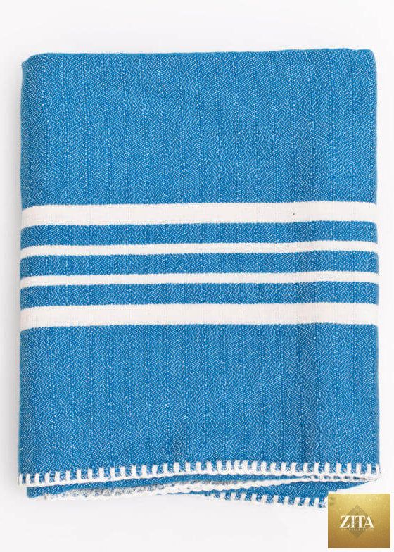 Blue Farm House Turkish Towel from Zita La Belle Elite, soft cotton, without fringe, displayed folded on a neutral background.