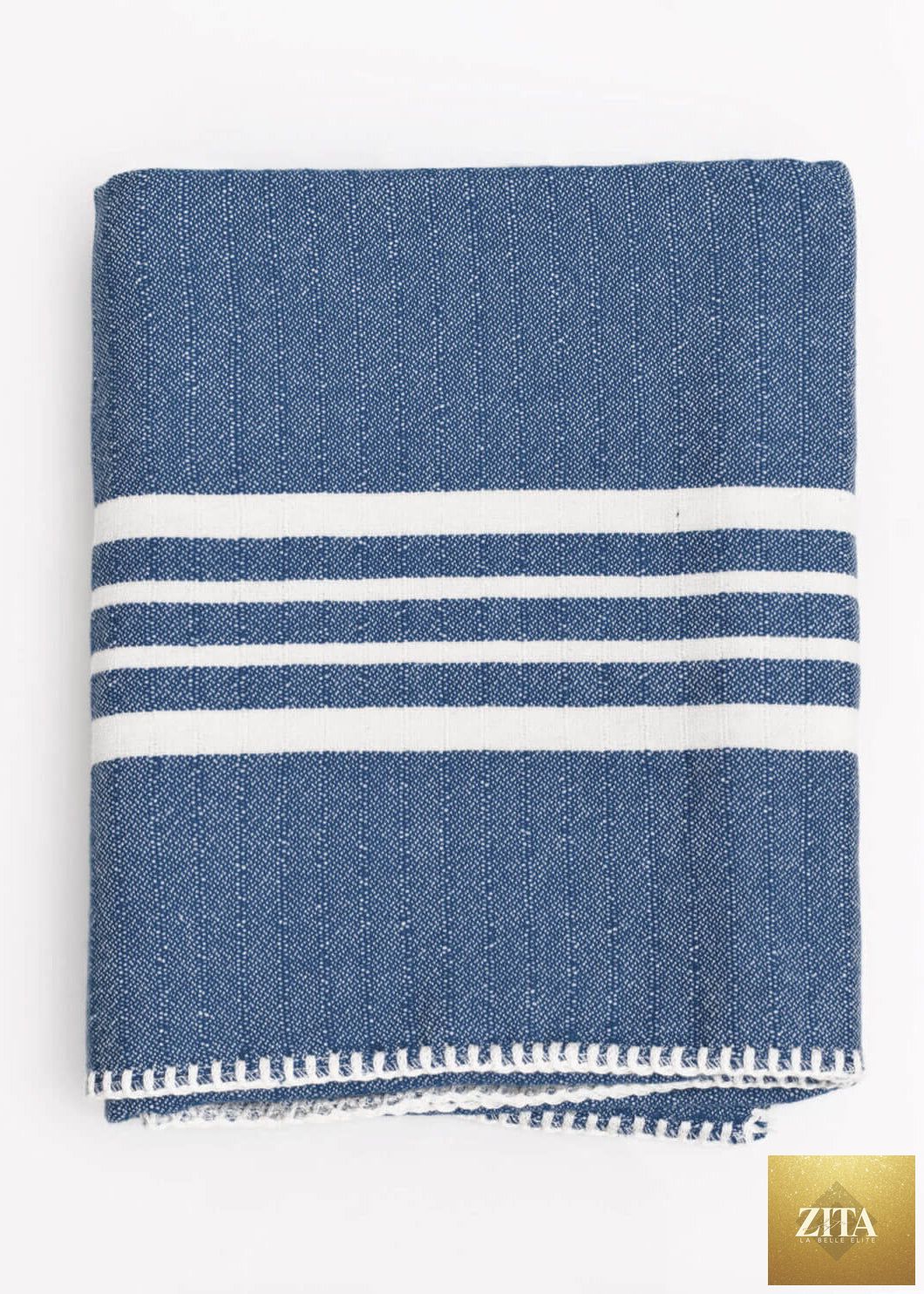 Navy blue Turkish towel without fringe from Zita La Belle Elite Farm House collection, showing lightweight, woven fabric with subtle texture.