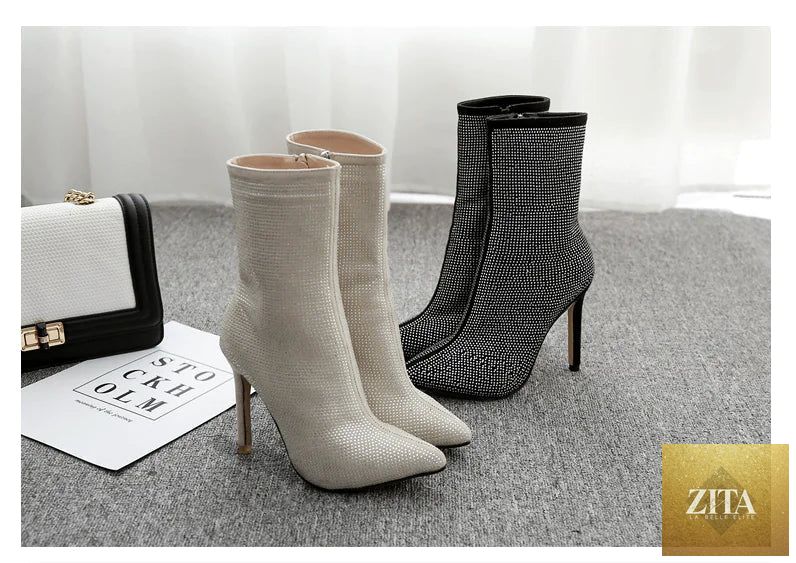 Women’s rhinestone high heel boots with pointed toe, stylish trendy Attic Store01 footwear for elegant evening wear.