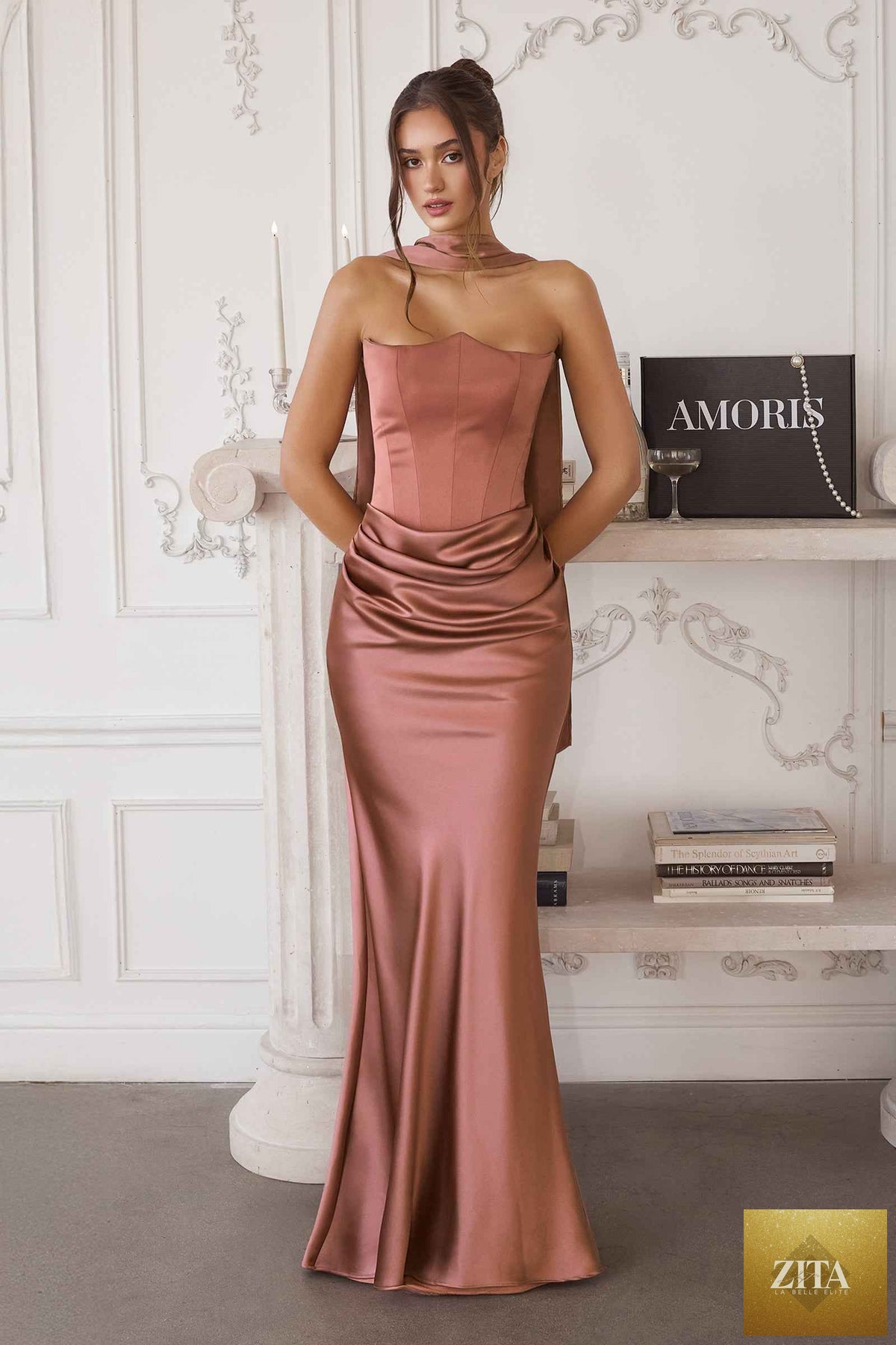 Rosewood Amoris T816 matte satin bodice column dress with detachable scarf, front view showcasing elegant design and fitted silhouette.