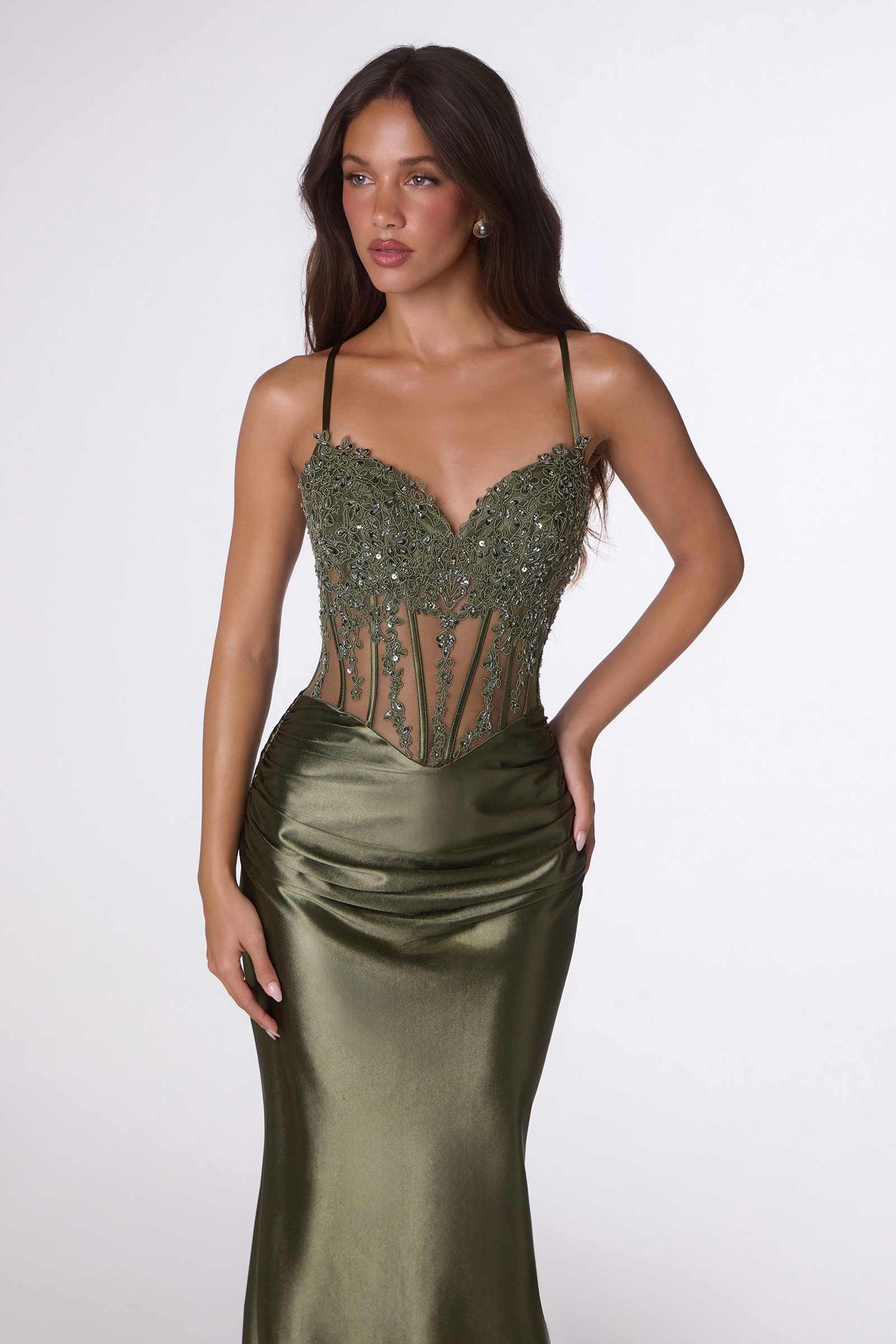 Olive green Amoris T819 fitted satin corset mermaid gown with sheer details, elegant dress from DiscountDressShop.