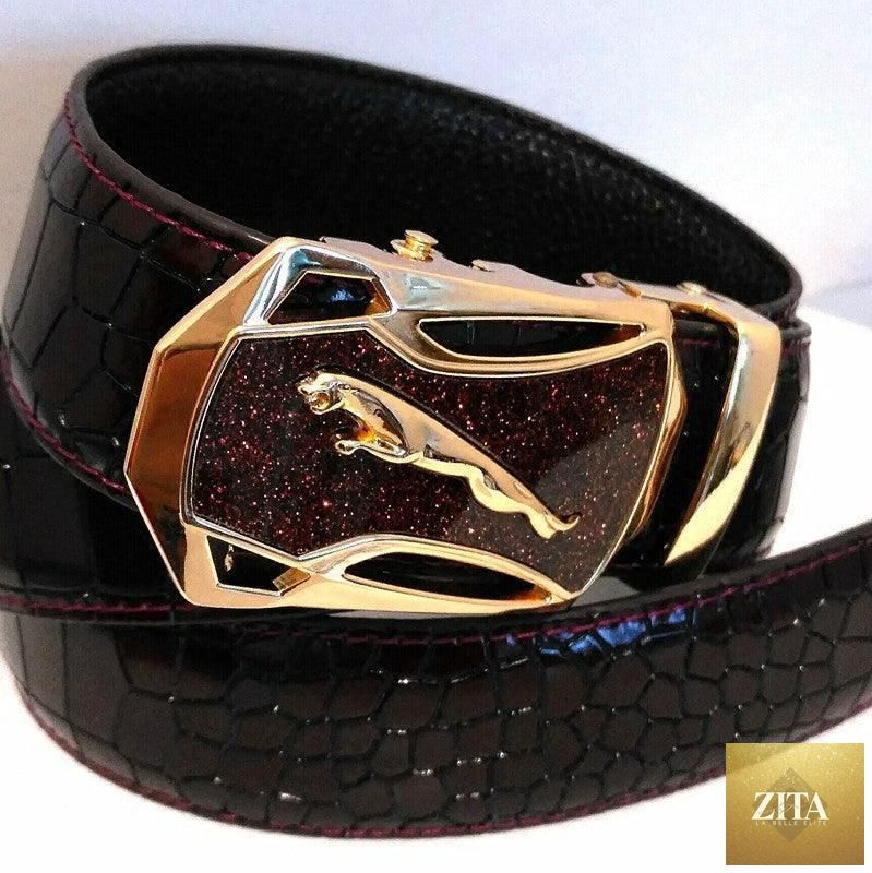Men's automatic buckle leather belt by MANDOTOS featuring a stylish leopard sports car design on the strap.