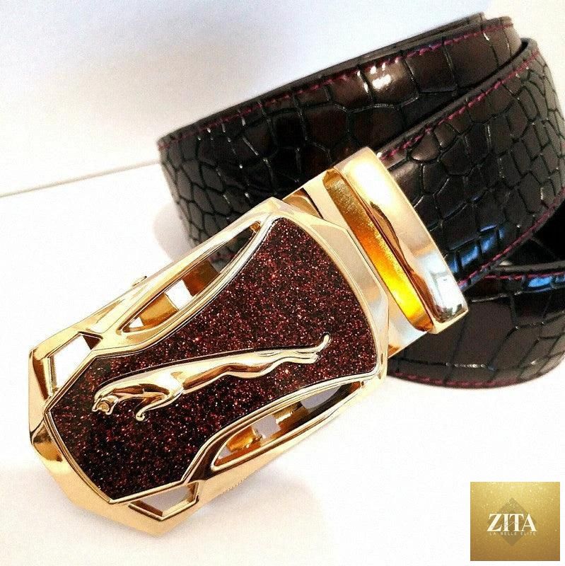 Men's automatic buckle leather belt by MANDOTOS featuring a stylish leopard sports car design.
