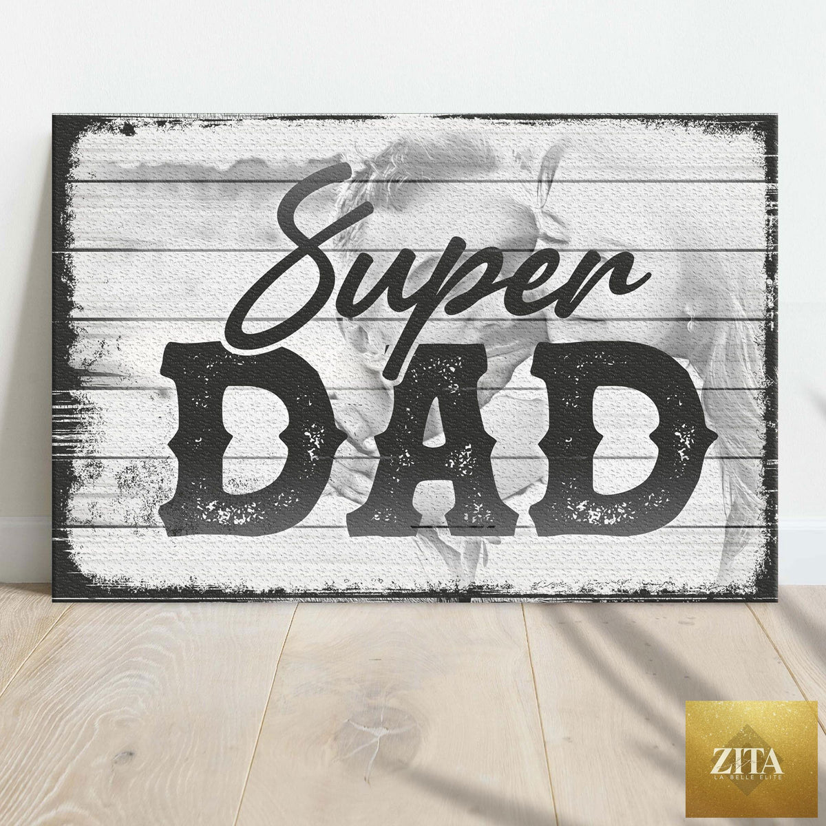 Canvas sign with "Super Dad Happy Father's Day" message from Tailored Canvases, featuring bold, colorful text on a decorative background.