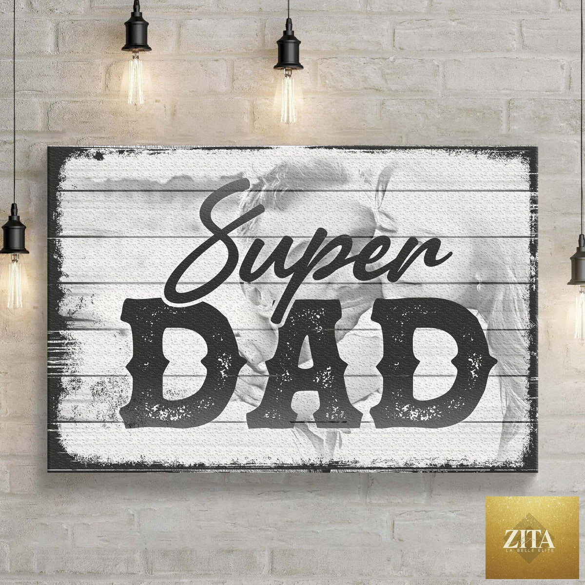 Canvas sign with "Super Dad Happy Father's Day" message, designed by Tailored Canvases, featuring bold lettering on a decorative background.