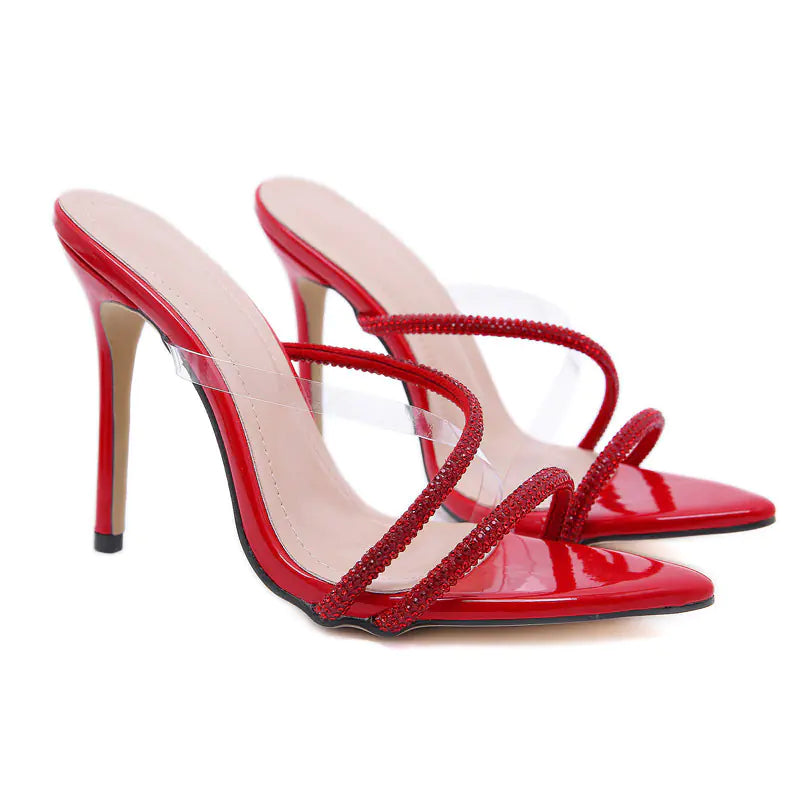 Women’s pointed toe rhinestone high heel sandals with strappy design, stylishly crafted by Trendy Attic Store01.