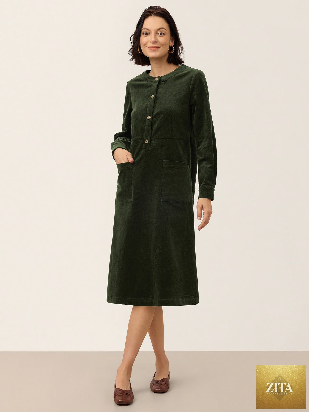 Cotton Lyocell Textured Button Front Pocket Midi Dress NOVALIE