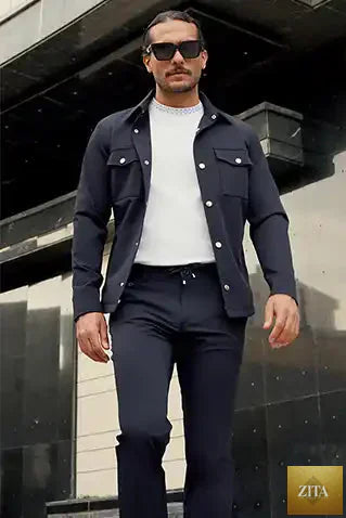 Black The Luxe Jacket by Bright Moons, stylish navy-colored outerwear with a sleek, modern design, displayed on a plain background.