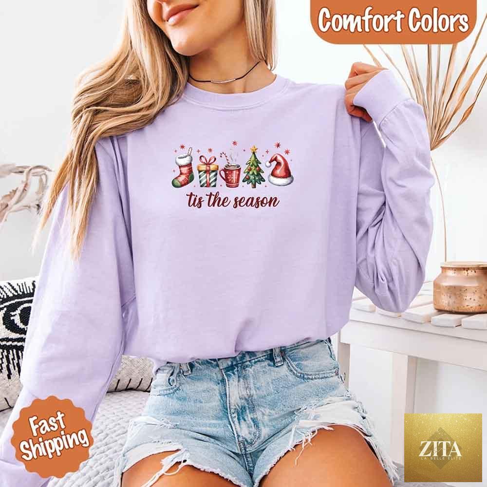 Comfort Colors long sleeve Christmas shirt with festive "Tis The Season" design, ideal for holiday wear.