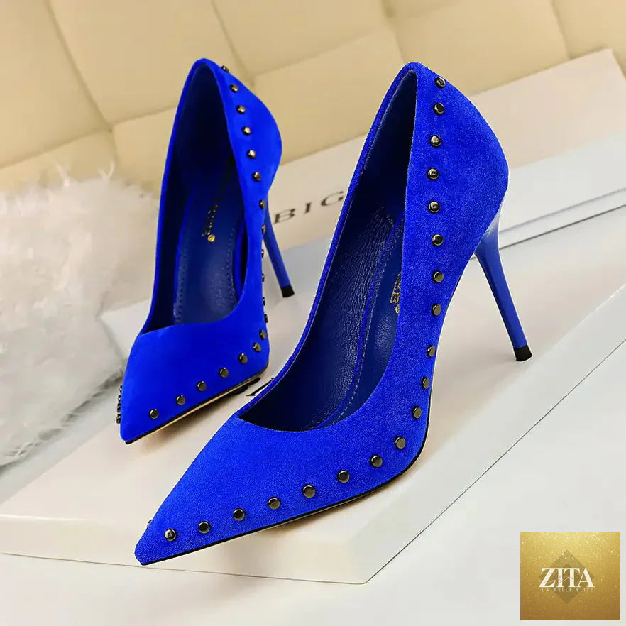 Vintage women's high heels with pointed toes and studded details, stylish Trendy Attic women’s shoes for elegant footwear.