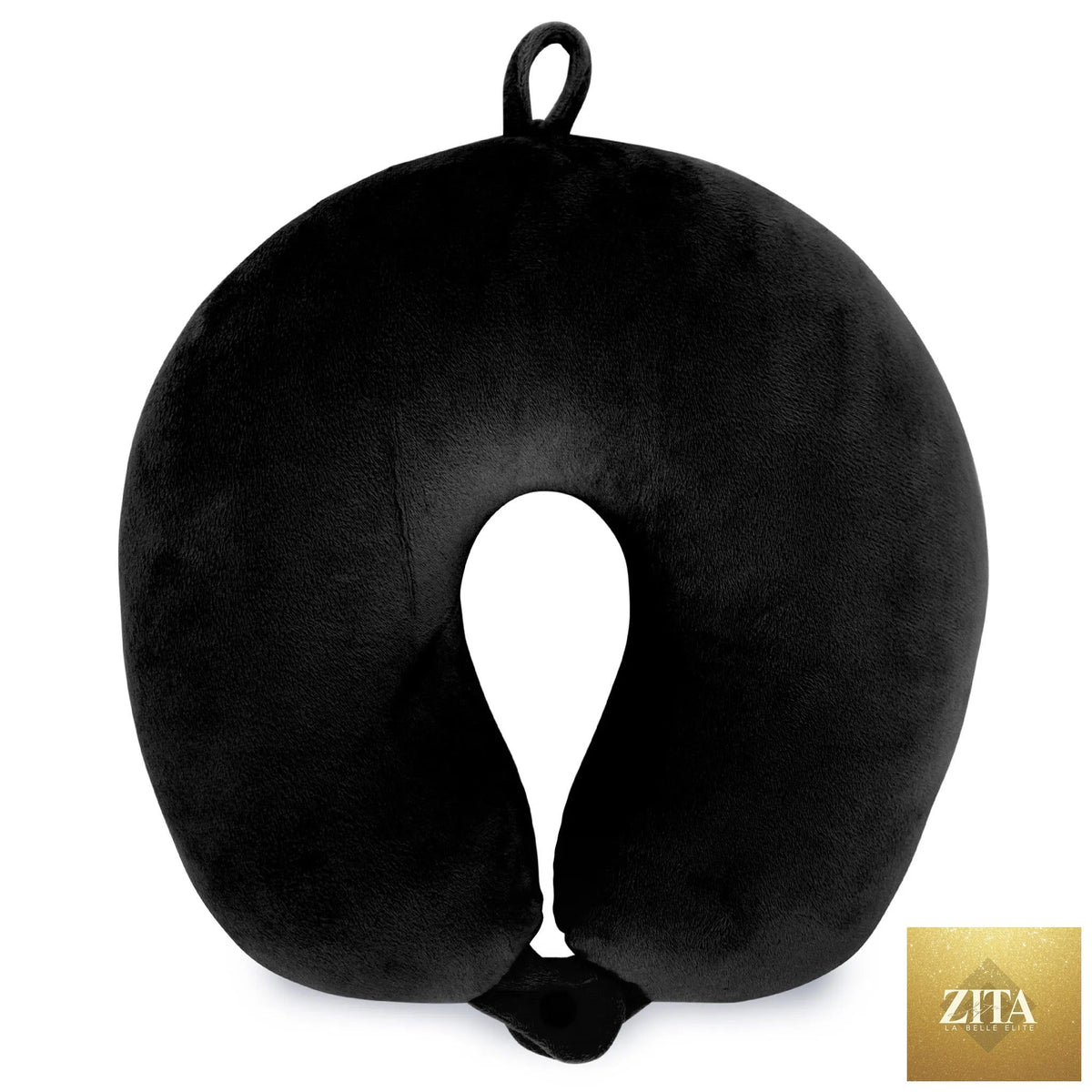 Travellty plush microbeads travel neck pillow in black, designed for comfortable support during travel.