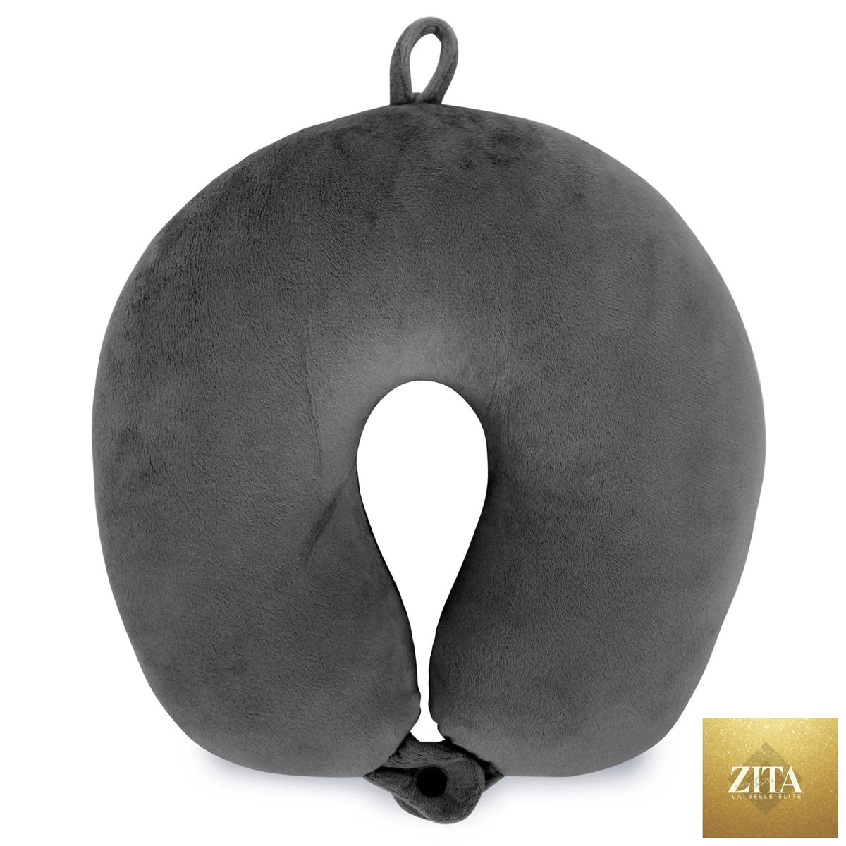 Travellty plush microbeads travel neck pillow in gray, designed for comfortable support during journeys.