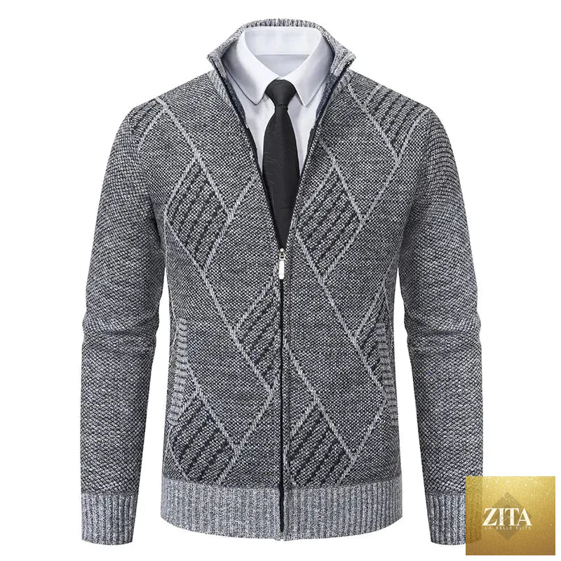 Men's casual slim-fit stand collar sweater by Trendy Attic Store01, shown in navy with ribbed cuffs and a cozy knit texture.