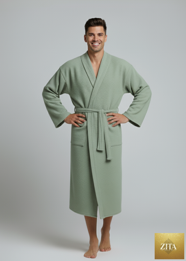Green Turkish cotton waffle bathrobe by Zita La Belle Elite, lightweight spa robe for men and women, soft and absorbent fabric.