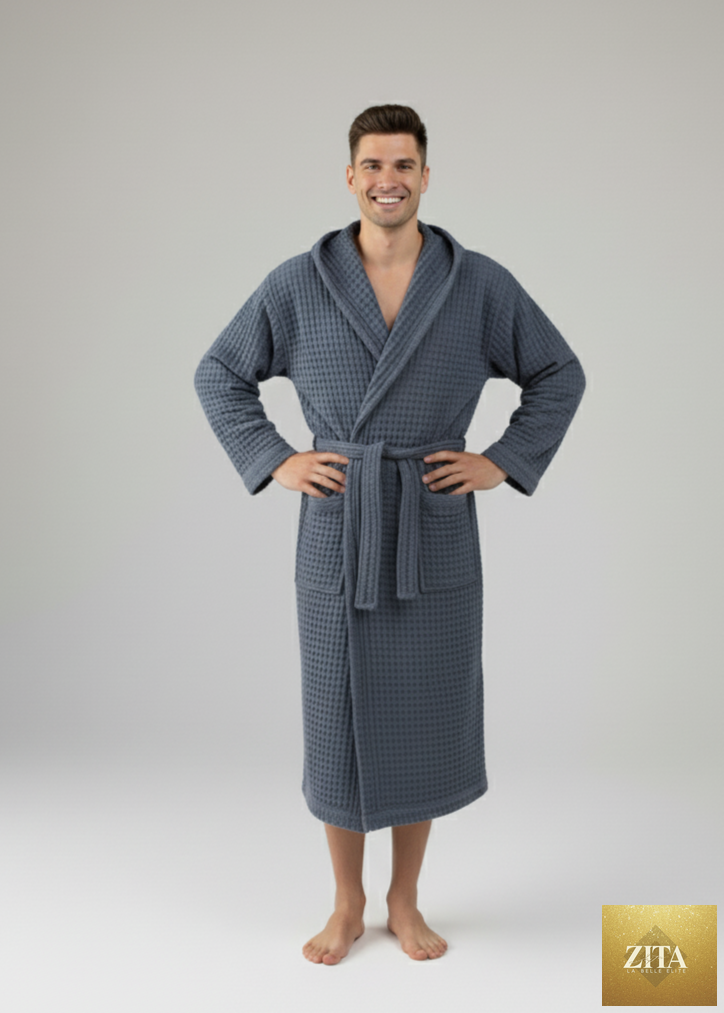 Turkish cotton waffle bathrobe for men in navy, lightweight spa robe by Zita La Belle Elite, soft and breathable Turkish towel robe