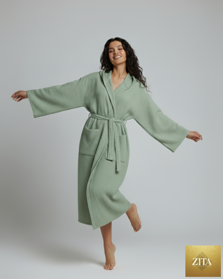 Green Turkish cotton waffle bathrobe for women by Zita La Belle Elite, lightweight spa robe with a cozy, textured fabric.