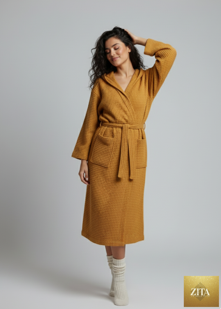 Yellow Turkish cotton waffle bathrobe for women by Zita La Belle Elite, lightweight spa robe made of organic Turkish towel fabric.