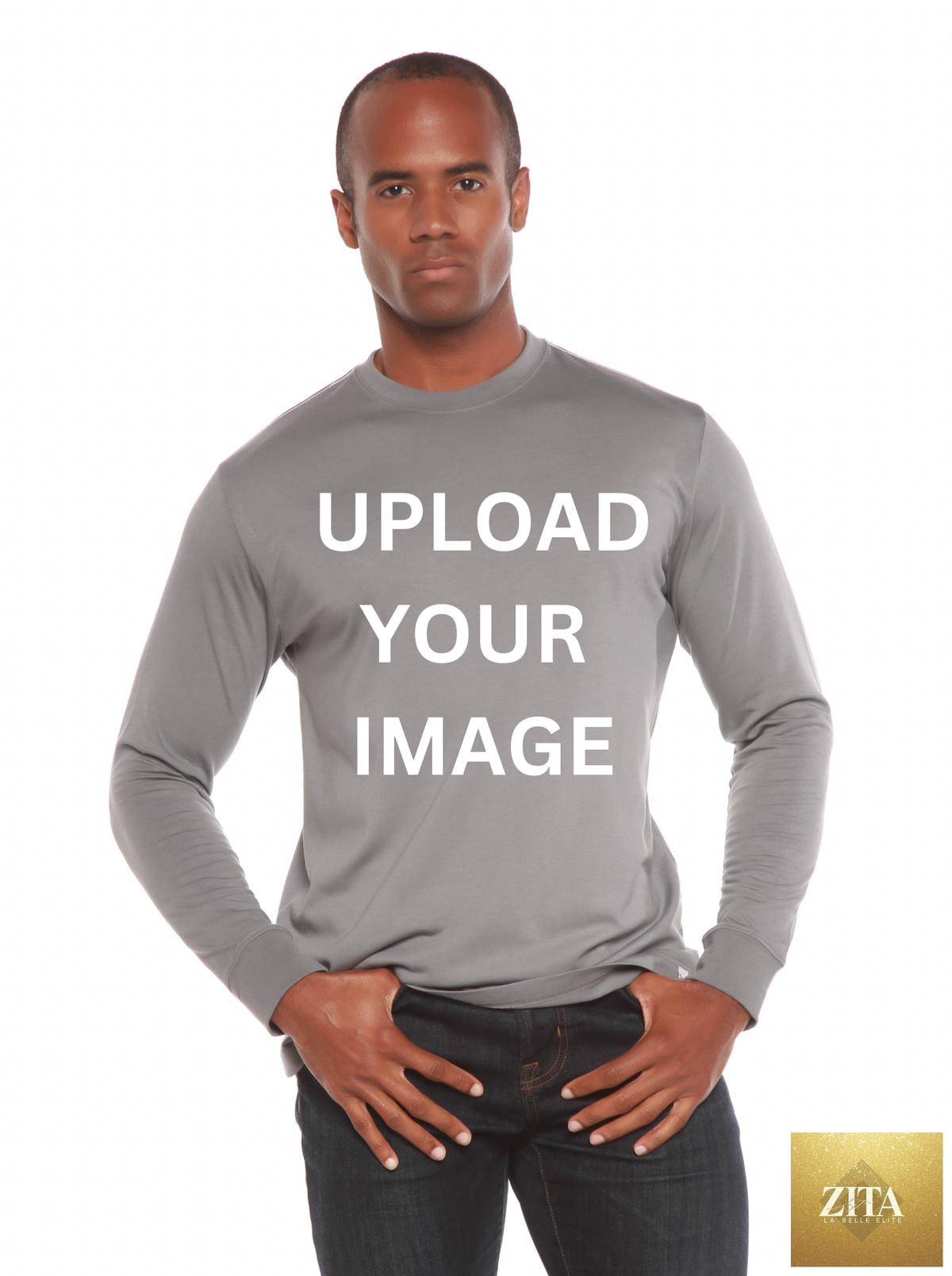 Spun Bamboo men's long sleeve T-shirt made from bamboo viscose and organic cotton with custom print, shown on a model.