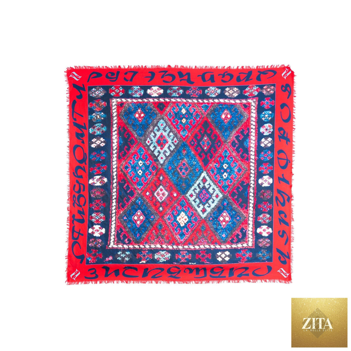 Armenian Alphabet silk square scarf featuring colorful Armenian script, stylish accessory from Anet's Collection LLC.