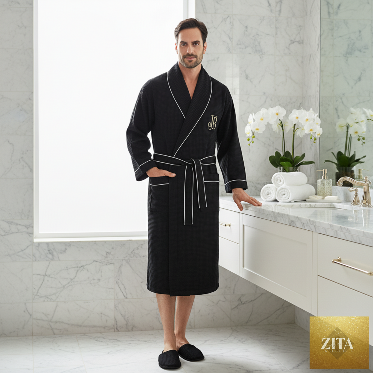 Soft cream-colored Lotus Linen premium waffle piping men's robe with a relaxed fit and cozy collar, displayed folded on a neutral background.