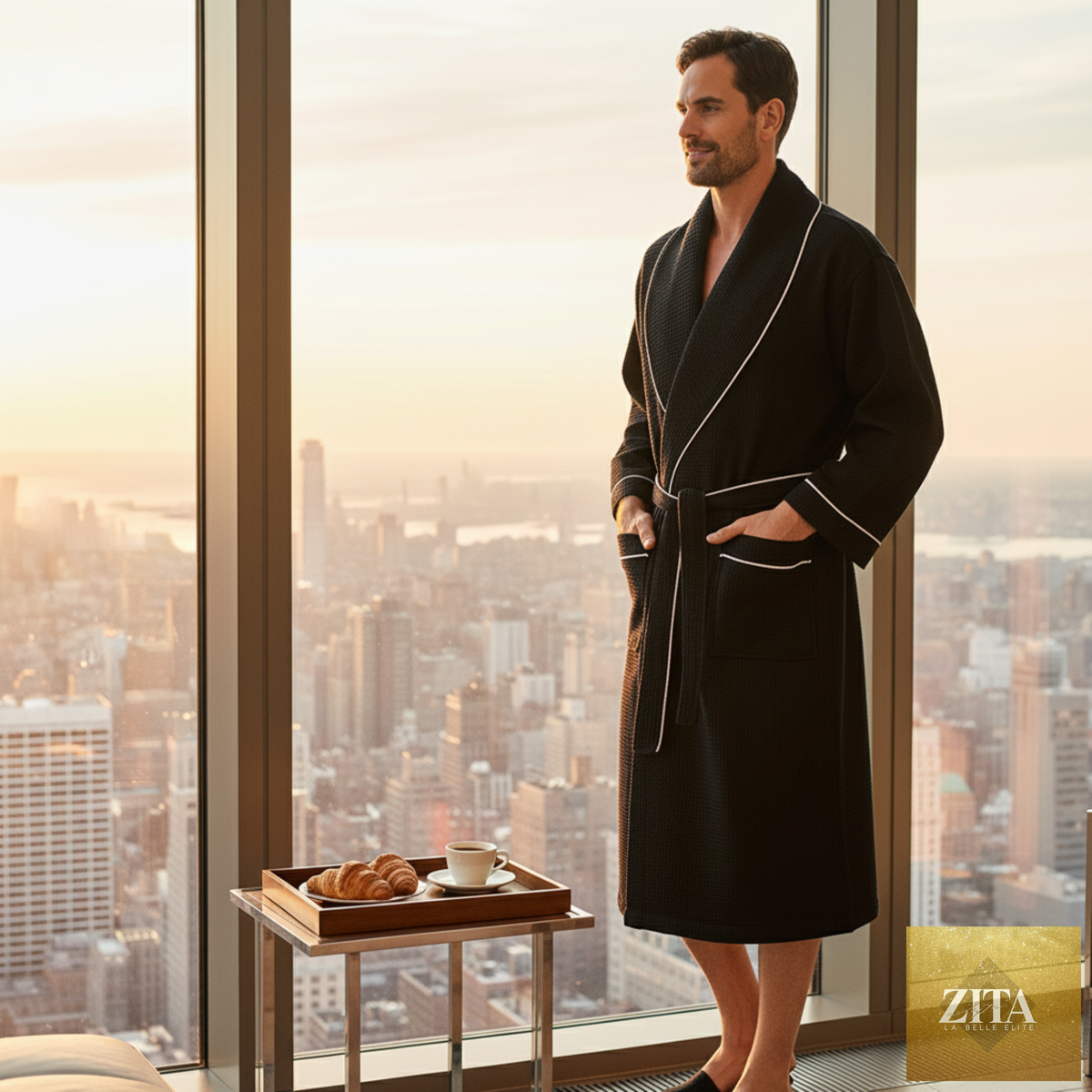 Luxurious Lotus Linen men's waffle piping robe with a soft, textured fabric and classic piping details, perfect for comfort and style.