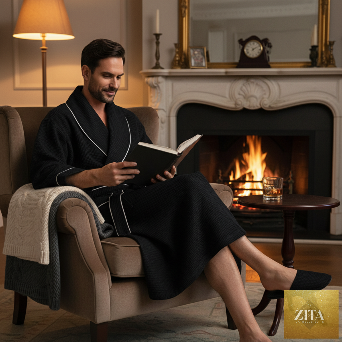 Lotus Linen premium waffle piping men's robe with a soft, textured fabric and classic design, shown hanging on a wooden hook.