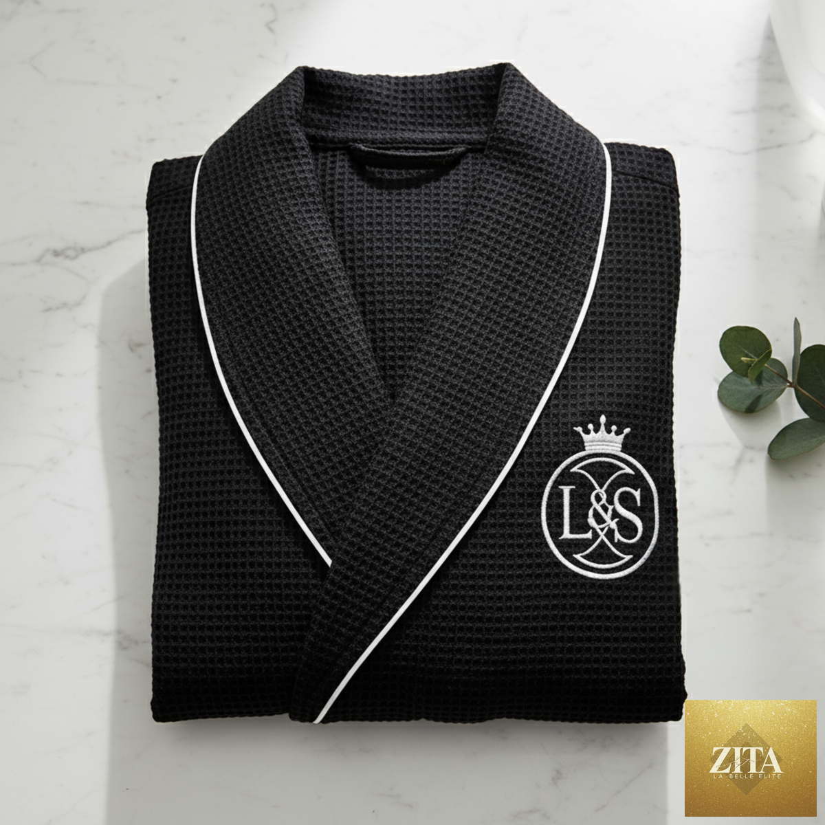 Lotus Linen premium waffle piping men's robe showing soft, textured fabric with piping details and a relaxed fit.