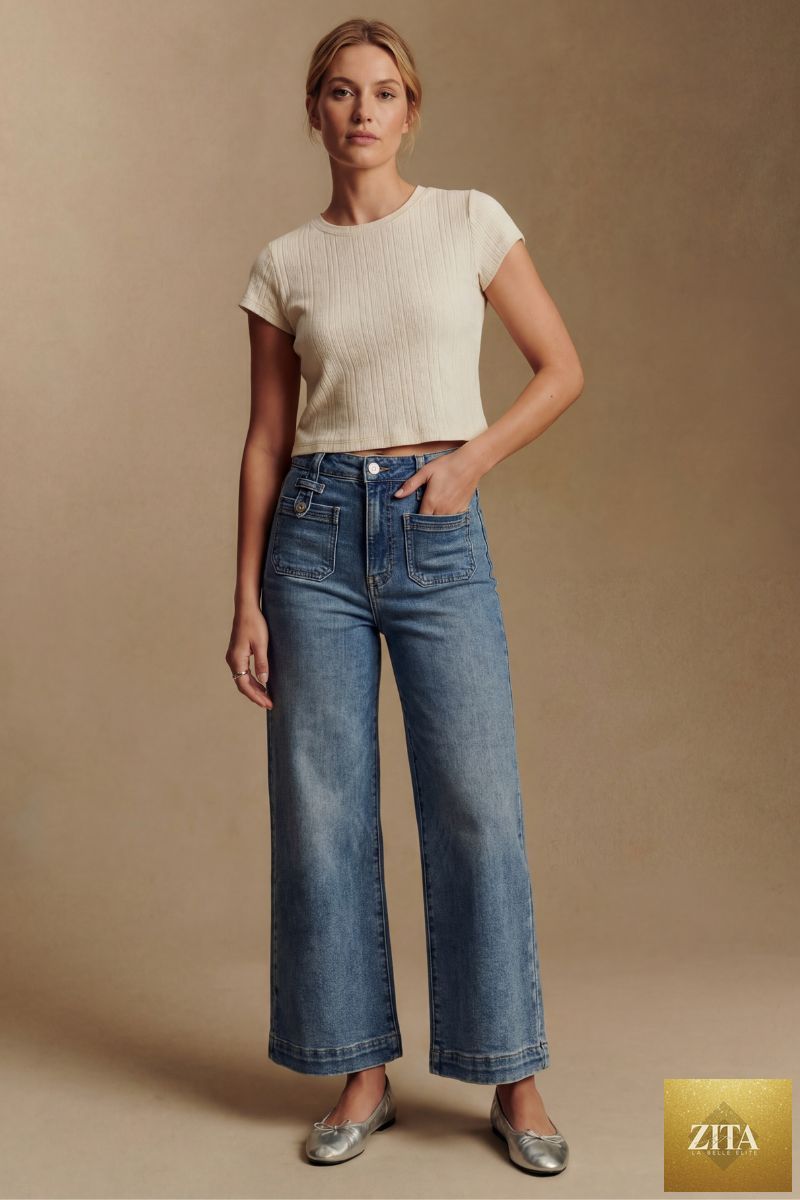 Artemis Vintage Aurelia Tummy Control High Rise Crop Palazzo Jeans, showing their fit and stylish design in a full-length image.