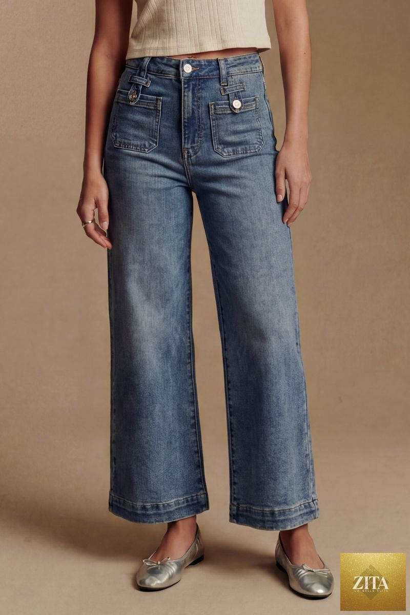 Aurelia high rise crop palazzo jeans by Artemis Vintage, showcasing tummy control design and stylish wide-leg fit.