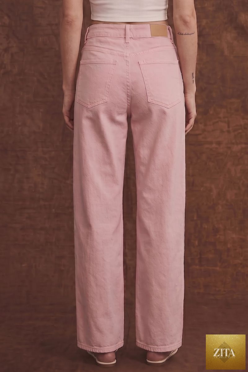 Pink high-rise barrel leg jeans by Artemis Vintage, showcasing a stylish fit and classic denim details.
