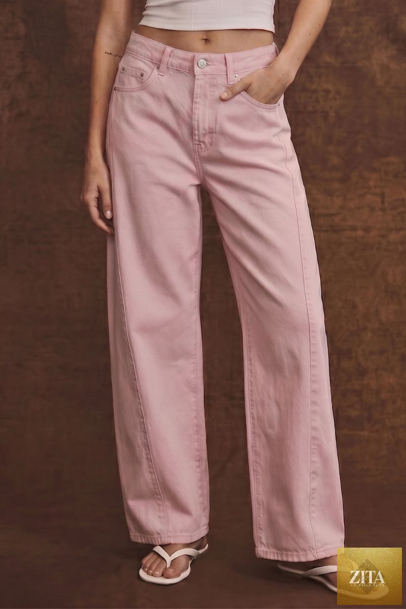 Pink high-rise barrel leg jeans by Artemis Vintage, showcasing a stylish fit and classic denim texture.
