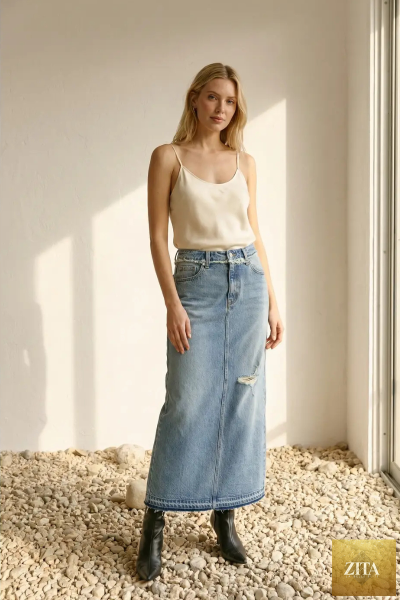 Artemis Vintage Livia denim maxi skirt with frayed waistband and side slit, casual boho style, shown on a neutral background.