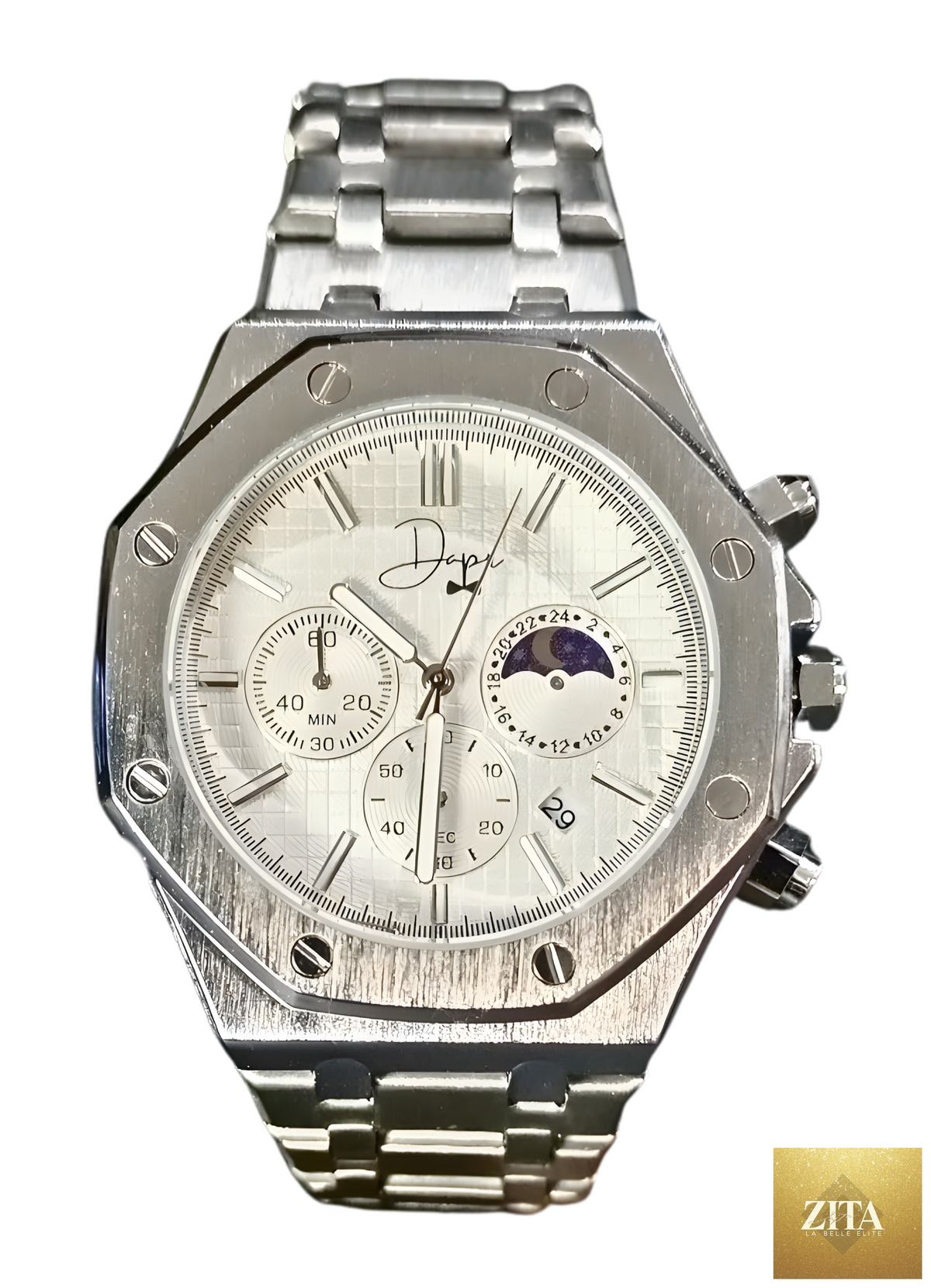 Silver stainless steel Dapper Watches ChronoLunar watch with white dial, featuring chronograph details and a sleek, modern design.