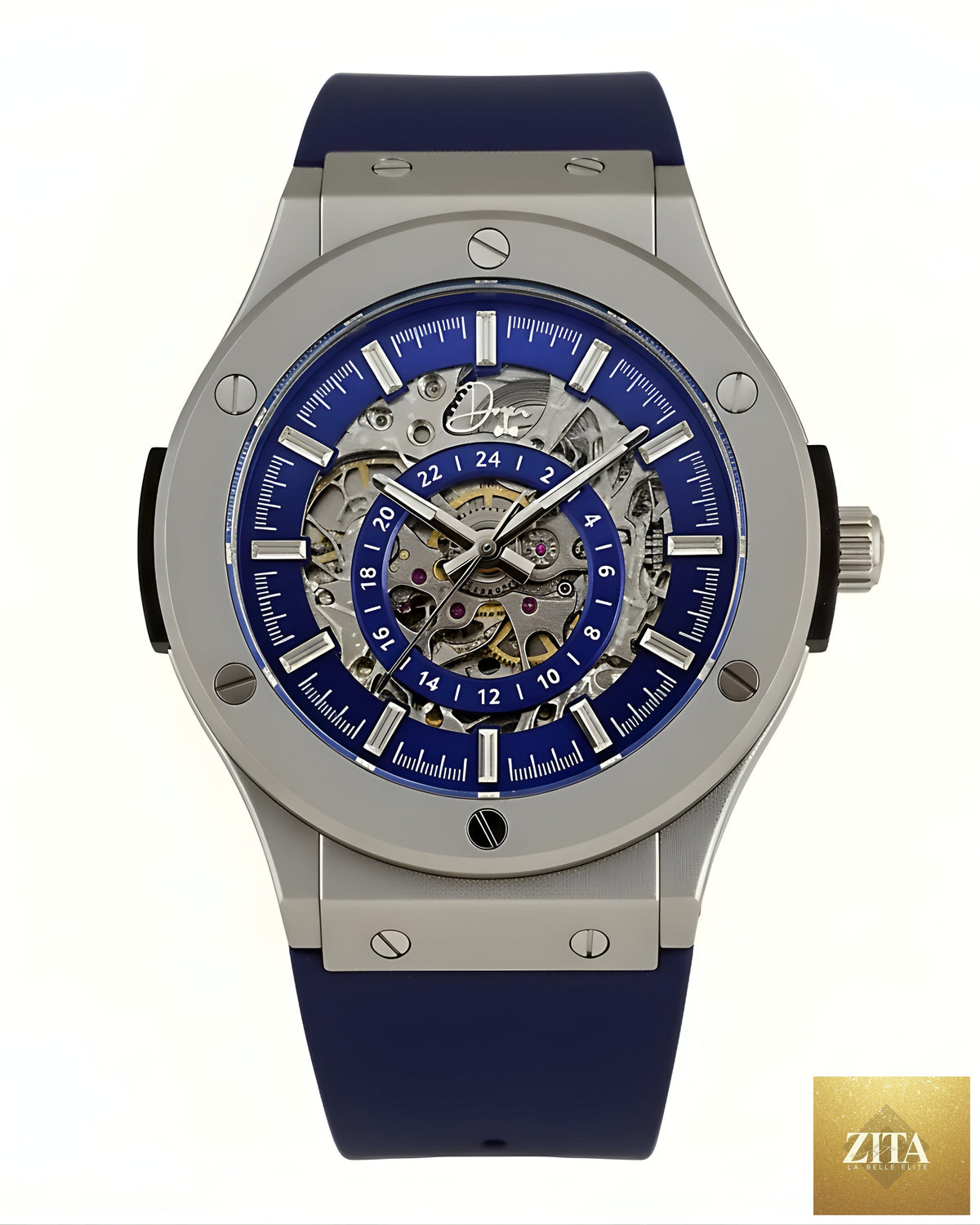 Stainless steel skeleton watch by Dapper Watches with a blue dial and intricate movement visible through the transparent face.