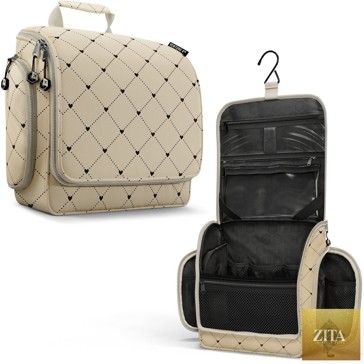 Venture 4th hanging travel toiletry bag in beige with diamond pattern, compact design with hanging hook and multiple compartments.