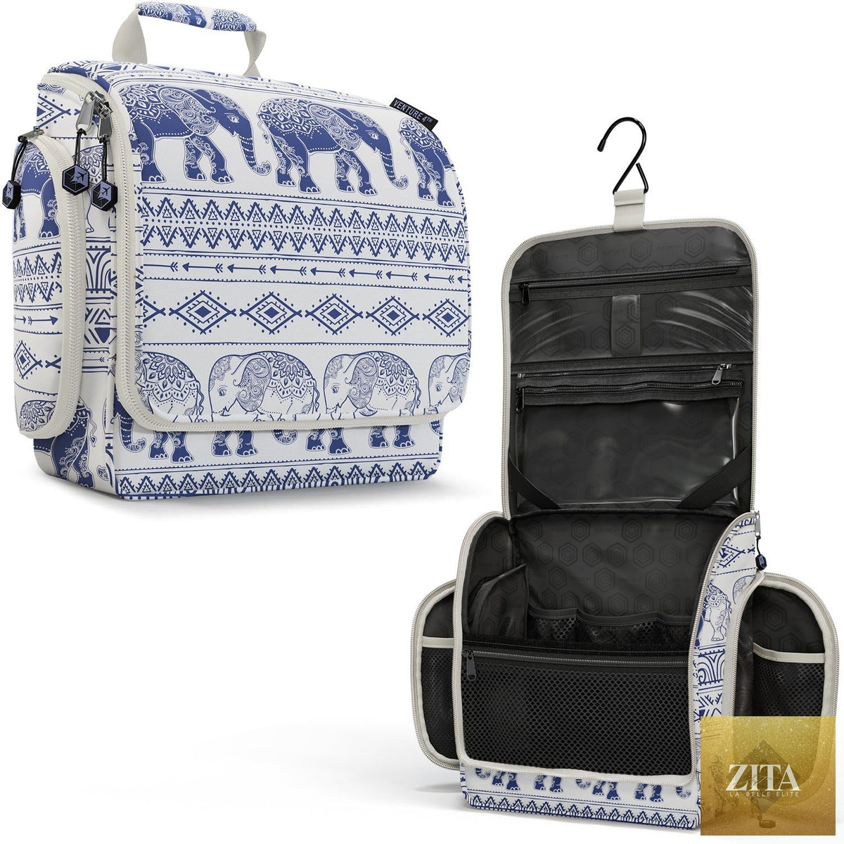 Blue VENTURE 4TH hanging travel toiletry bag with elephant design, compact and versatile for organizing toiletries on the go.