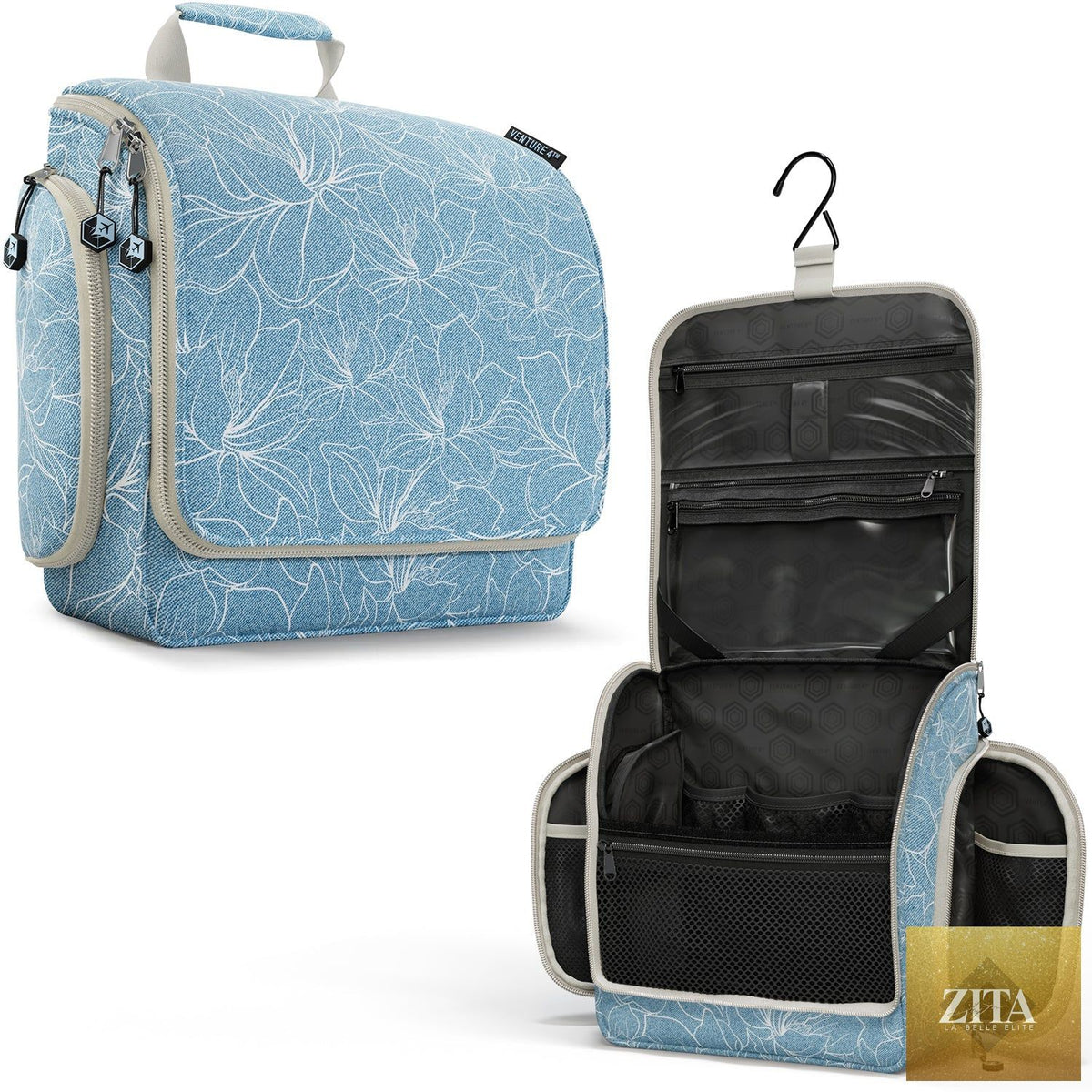 Venture 4th hanging travel toiletry bag with blue floral design, compact and versatile for organizing toiletries during travel.
