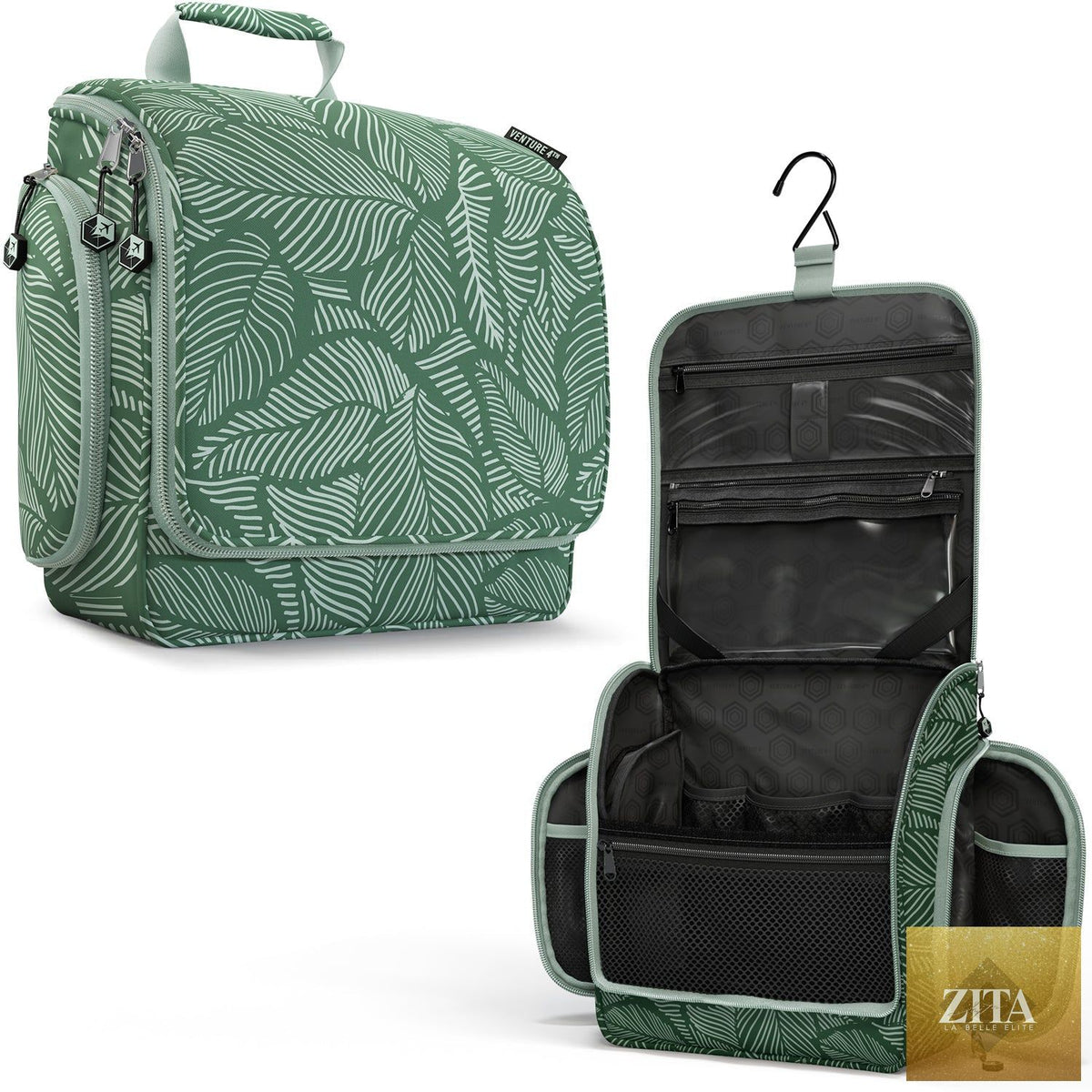 Venture 4th hanging travel toiletry bag with green leaves design, compact and convenient for toiletries on the go.