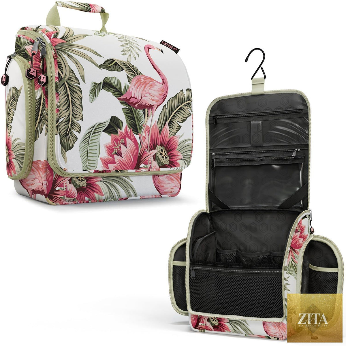 Venture 4th hanging travel toiletry bag in pink flamingo design with multiple compartments and hanging hook.
