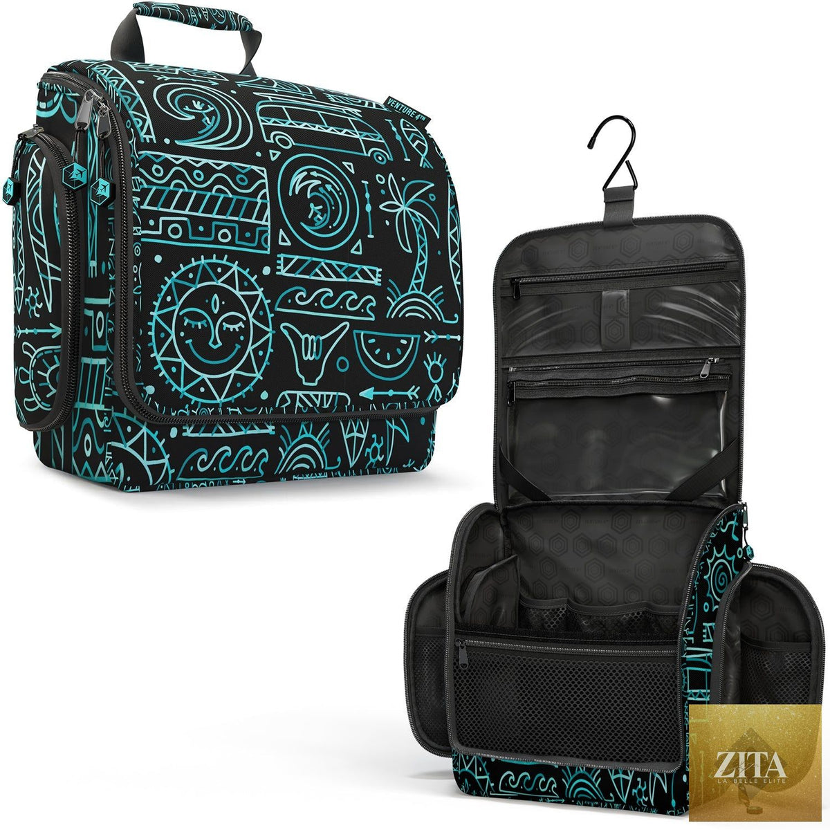 Venture 4th hanging travel toiletry bag with surfing vibes design, compact and lightweight for easy packing and organization.