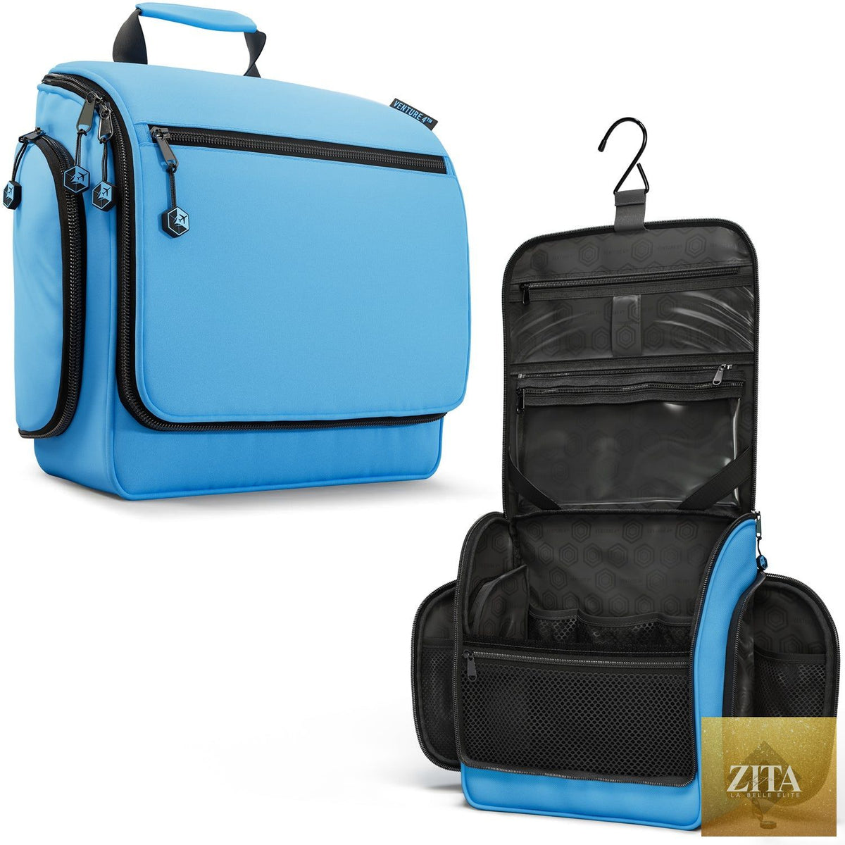 Venture 4th hanging travel toiletry bag in blue and black with multiple compartments on a white background.