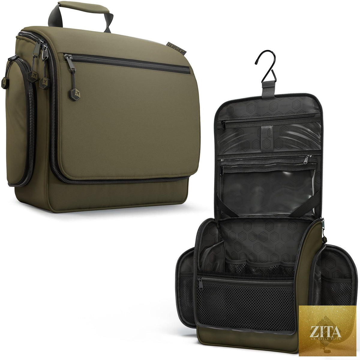 Venture 4th hanging travel toiletry bag in forest green and black, with multiple compartments for organized toiletries.